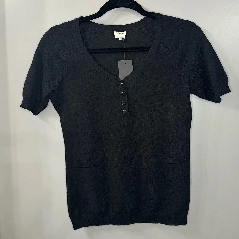 Vintage Cartier Black Henley Short Sleeve Shirt Wool Blend Size Small